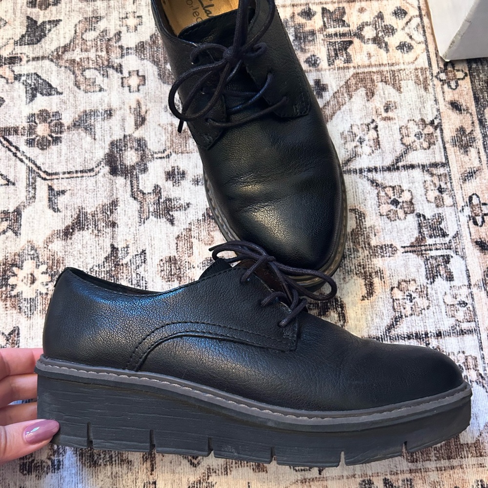 Clarks Black Leather Platform Loafers